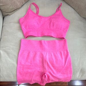 Vibrant Pink Sport’s Bra and High-Waisted Athletic Shorts